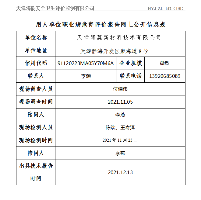 天津阿莫新材料技术有限公司职业病危害评价报告网上公开信息表