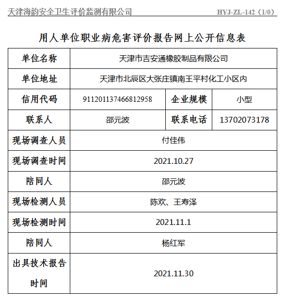 天津市吉安通橡胶制品有限公司职业病危害评价报告网上公开信息表