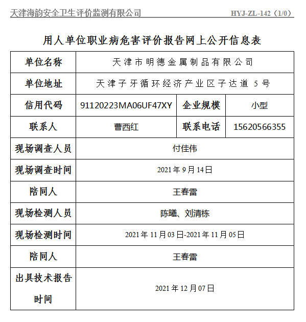 天津市明德金属制品有限公司职业病危害评价报告网上公开信息表