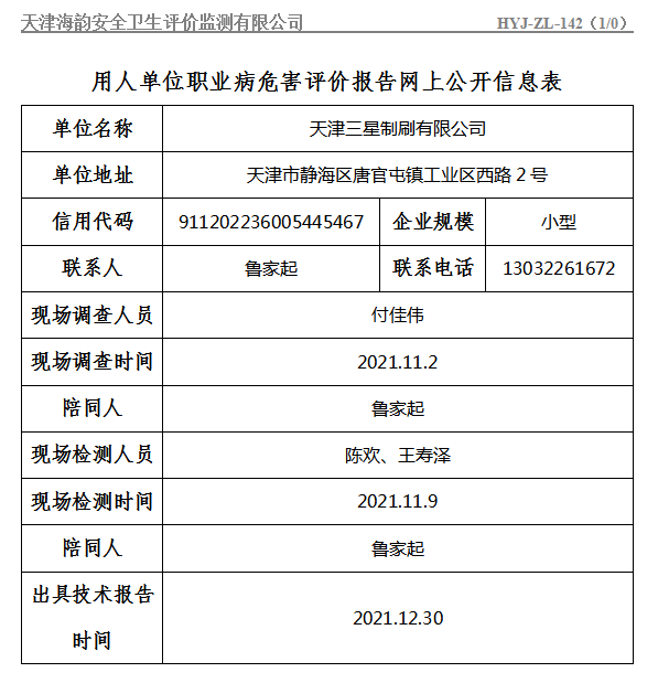 天津三星制刷有限公司职业病危害评价报告网上公开信息表