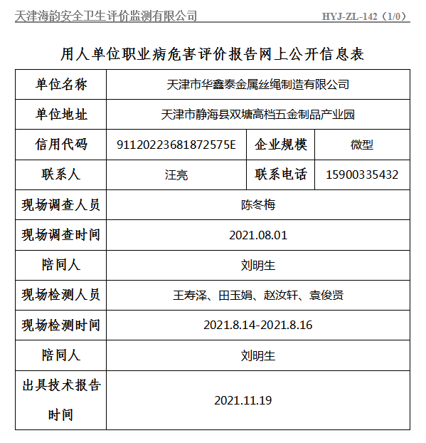 天津市华鑫泰金属丝绳制造有限公司职业病危害评价报告网上公开信息表