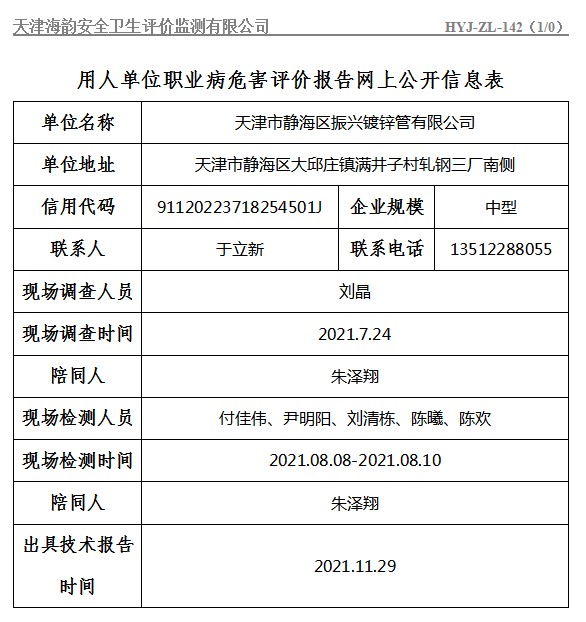 天津市静海区振兴镀锌管有限公司职业病危害评价报告网上公开信息表