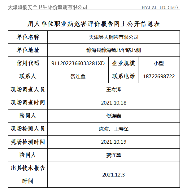 天津昊大钢管有限公司职业病危害评价报告网上公开信息表