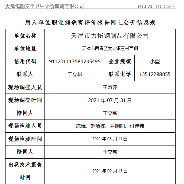 天津市力拓钢制品有限公司职业病危害评价报告网上公开信息表
