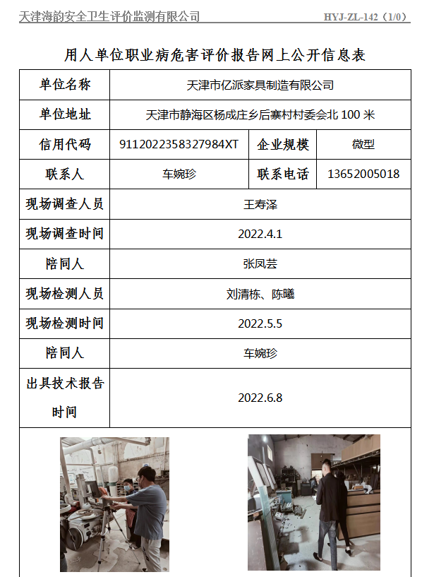 天津市亿派家具制造有限公司职业病危害评价报告网上公开信息表
