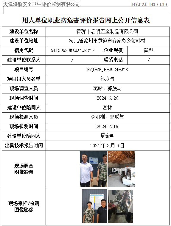 黄骅市启明五金制品有限公司职业病危害评价报告网上公开信息表