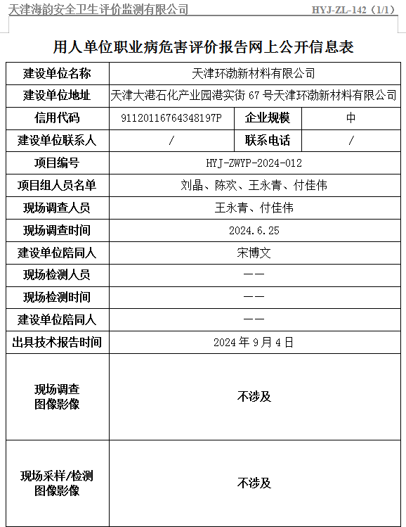 天津环渤新材料有限公司废酸回收再利用技术改造项目职业病危害评价报告网上公开信息表