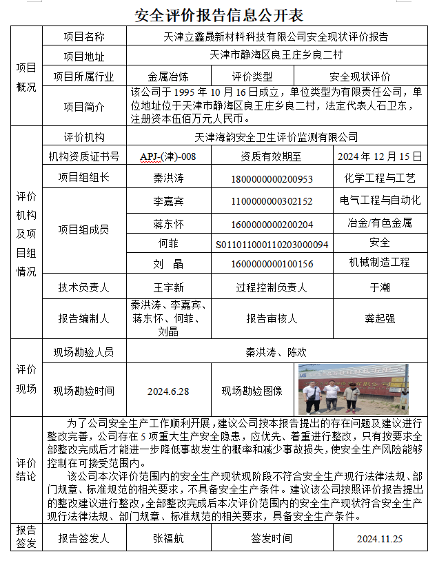 天津立鑫晟新材料科技有限公司安全现状评价