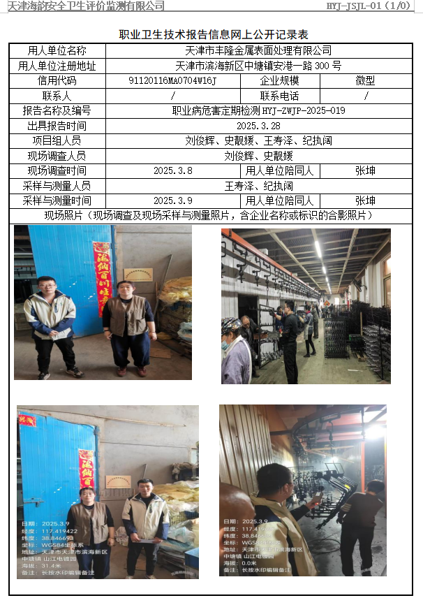 天津市丰隆金属表面处理有限公司职业病危害评价报告网上公开信息表