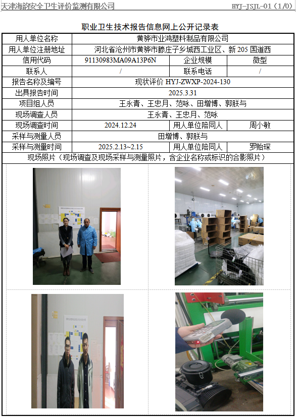 黄骅市业鸿塑料制品有限公司职业病危害评价报告网上公开信息表
