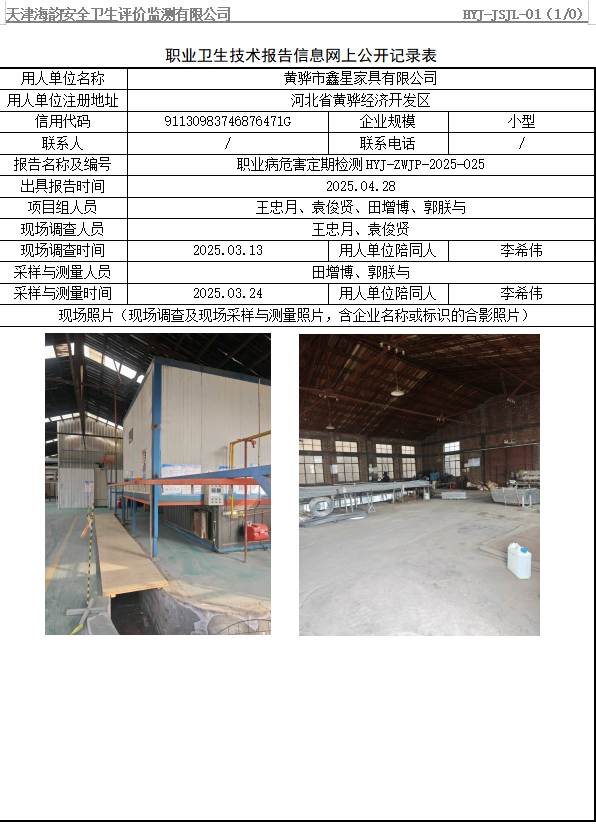黄骅市鑫星家具有限公司职业病危害评价报告网上公开信息表