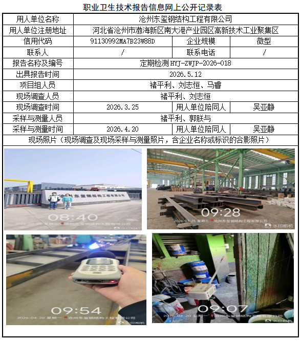 沧州东玺钢结构工程有限公司职业病危害评价报告网上公开信息表