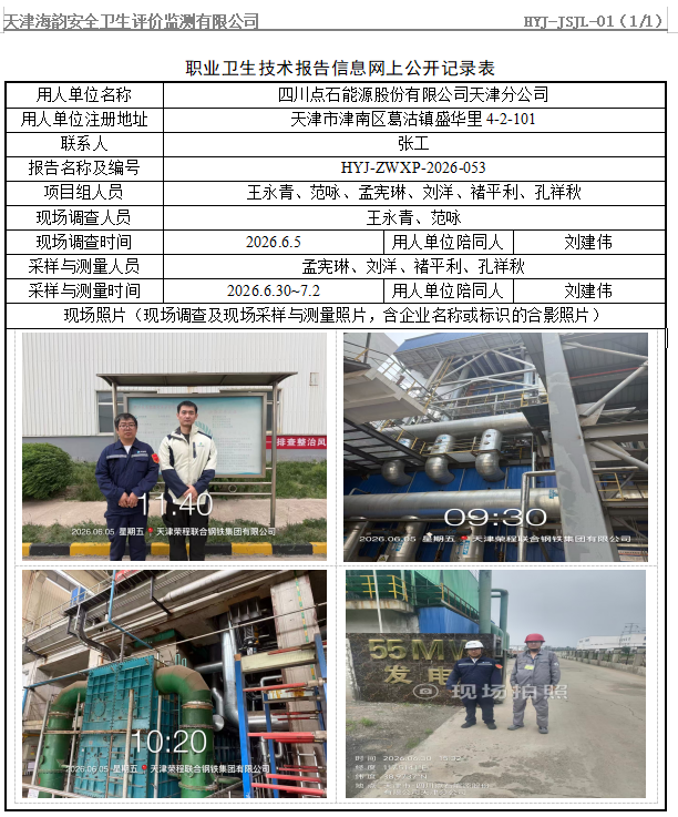 四川点石能源股份有限公司天津分公司职业病危害评价报告网上公开信息表